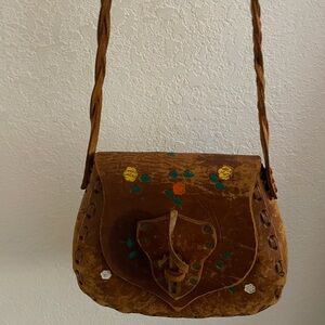Brown Leather Women's Bag with Floral Accents
